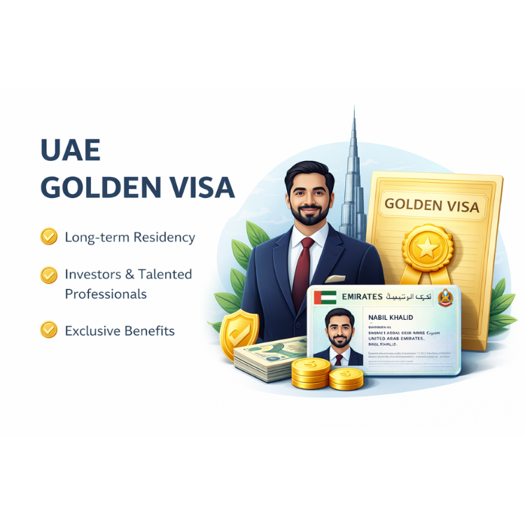 Illustration representing UAE Golden Visa long-term residency for investors and professionals with official documents and Dubai skyline.