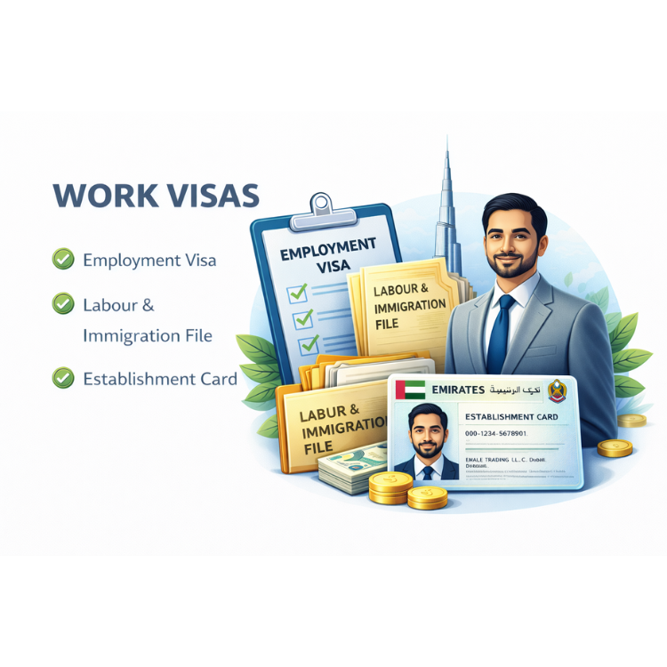 Illustration showing UAE work visa services including employment visa, labour and immigration file, and establishment card processing.