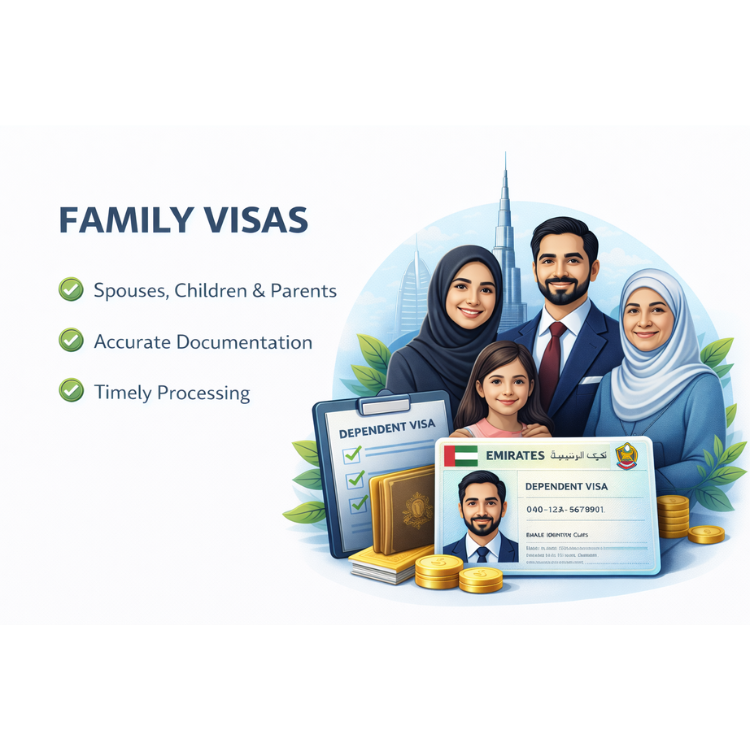 Illustration representing UAE family visa services for sponsoring spouses, children, and parents with official documentation.